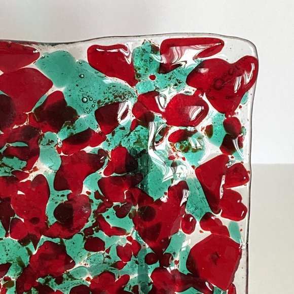 Fused Art Glass Trinket Tray Ring Dish Catch All Cranberry Red Mint Green 6x6.5 - Picture 2 of 6